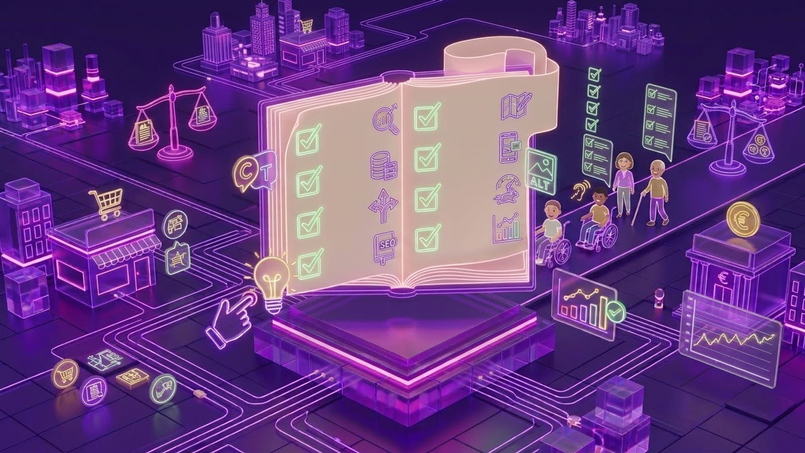 Neon-Illustration: offenes Buch mit Checkliste, SEO- und Technik-Symbolen als Symbol für die Website-Relaunch-Checkliste